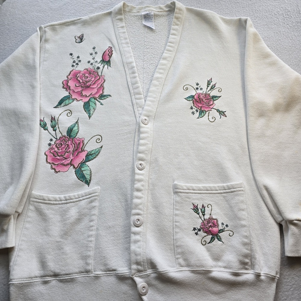 Vtg 90s Rose Floral Sweatshirt Cardigan Grandmacore Cottagecore USA OSFA Medium